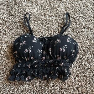 Hollister Black Floral Smocked Ruffle Crop Top